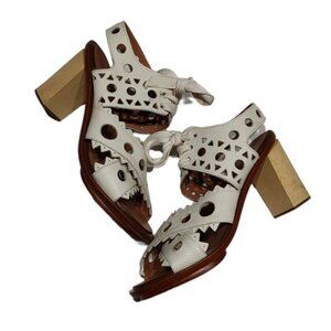 Anthropologie Leifsdottir Riika White Laser Cut Leather Block Heel Sandals 37